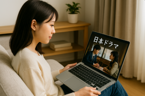 일본 드라마를 보며 일본어를 공부하는 모습입니다.
