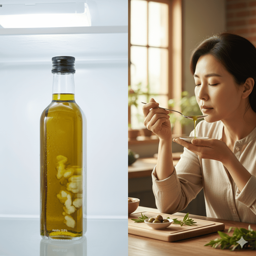 가짜 올리브유를 구별하는 테스트 냉장보관시 응고되거나 맛을보면 과일,풀향에 매운 맛