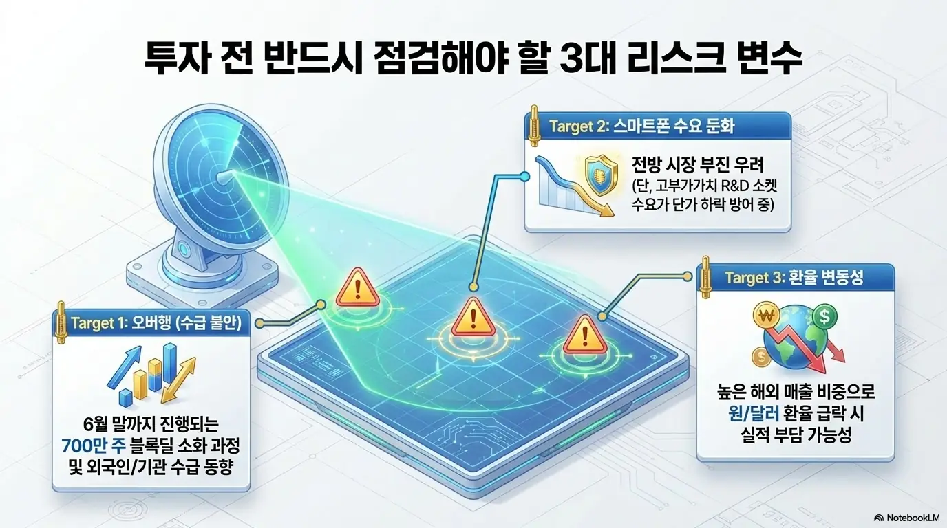 리노공업 주가 전망: 리노공업 투자 전 점검할 3대 리스크를 레이더 화면으로 표현한 인포그래픽. 6월 말까지 진행되는 700만 주 블록딜 소화 과정의 수급 오버행&amp;#44; 고부가가치 연구개발용 소켓이 방어하는 스마트폰 수요 둔화 우려&amp;#44; 해외 매출 비중이 높아 원달러 환율 급락 시 발생할 실적 부담을 보여주며&amp;#44; 블로그의 리노공업 주가 전망 주제와 관련된 투자 위험을 설명함 