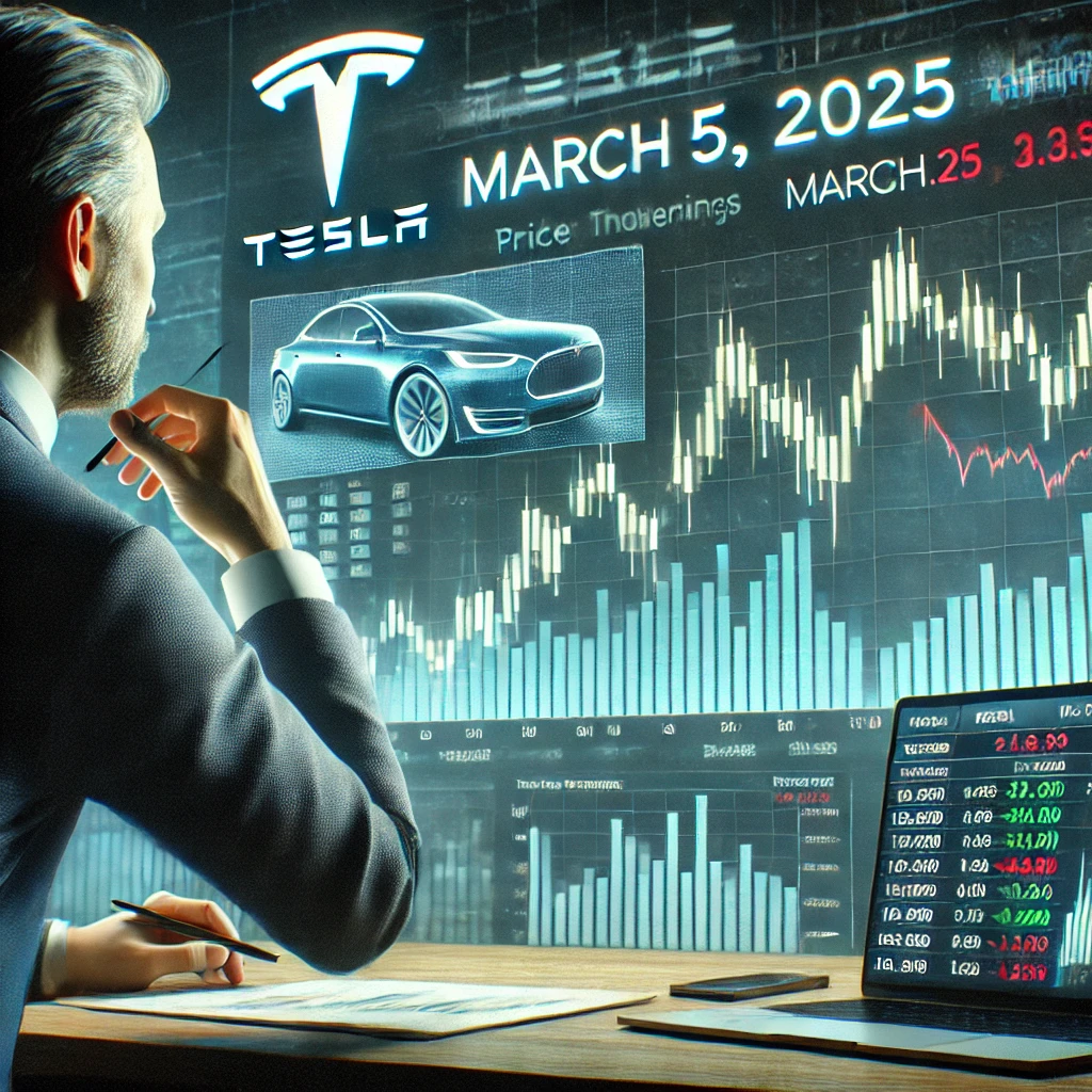 "테슬라(TSLA) 주식 가격 변동을 보여주는 실시간 트레이딩 화면. 캔들 차트와 시장 데이터가 포함됨."