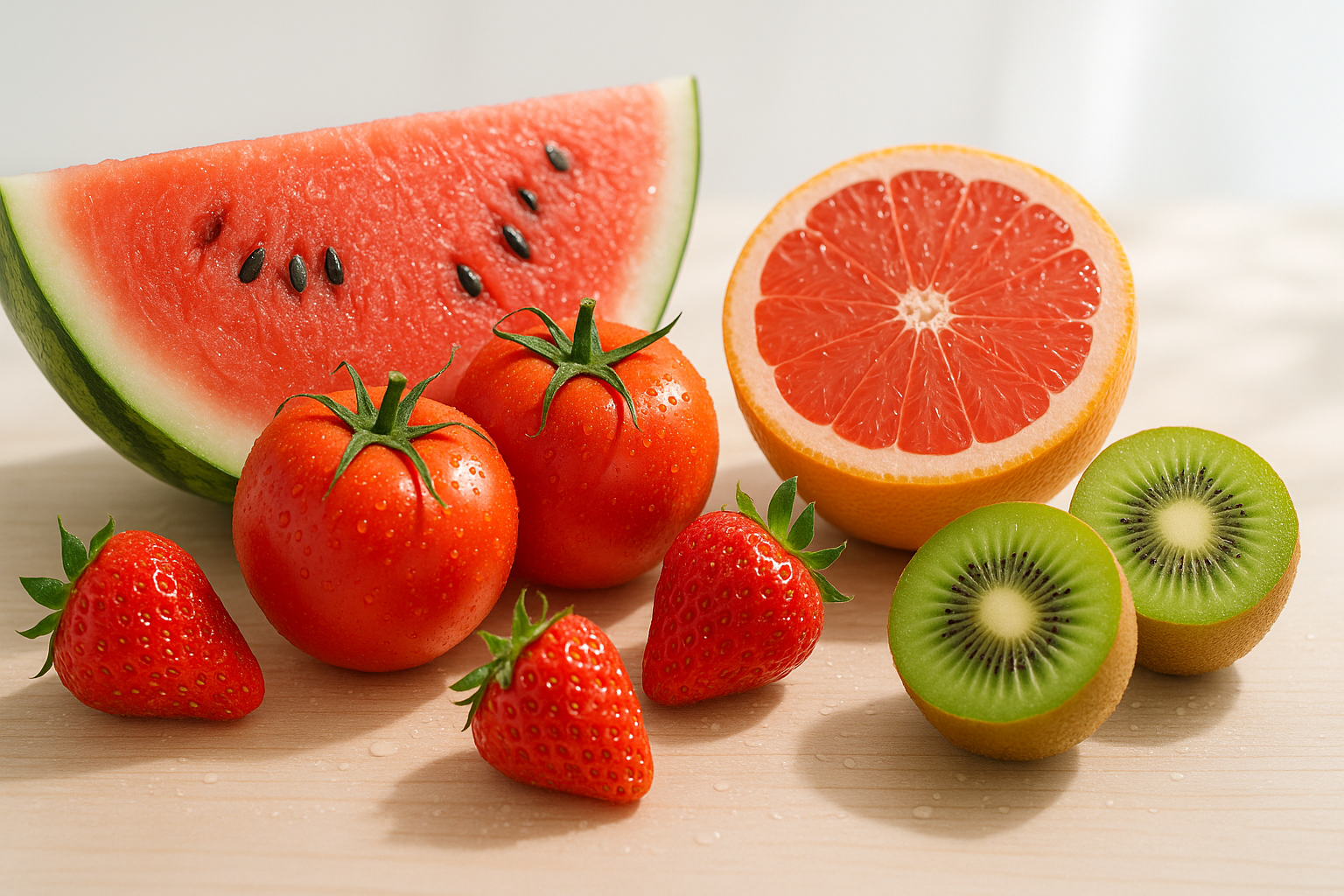 여름철 다이어트에 좋은 과일들이 아름답게 배치된 이미지