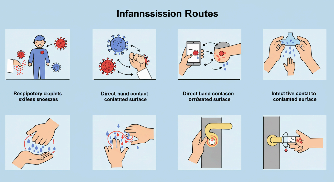손에 묻은 바이러스가 눈, 코, 입을 통해 감염됩니다.
