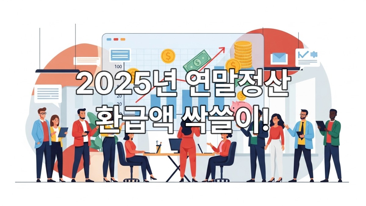 웃는 직장인들이 2025년 연말정산 환급액 그래프를 보며 즐거워하는 모습, 절세 전략으로 돈을 아끼는 금융 스마트함을 상징합니다.