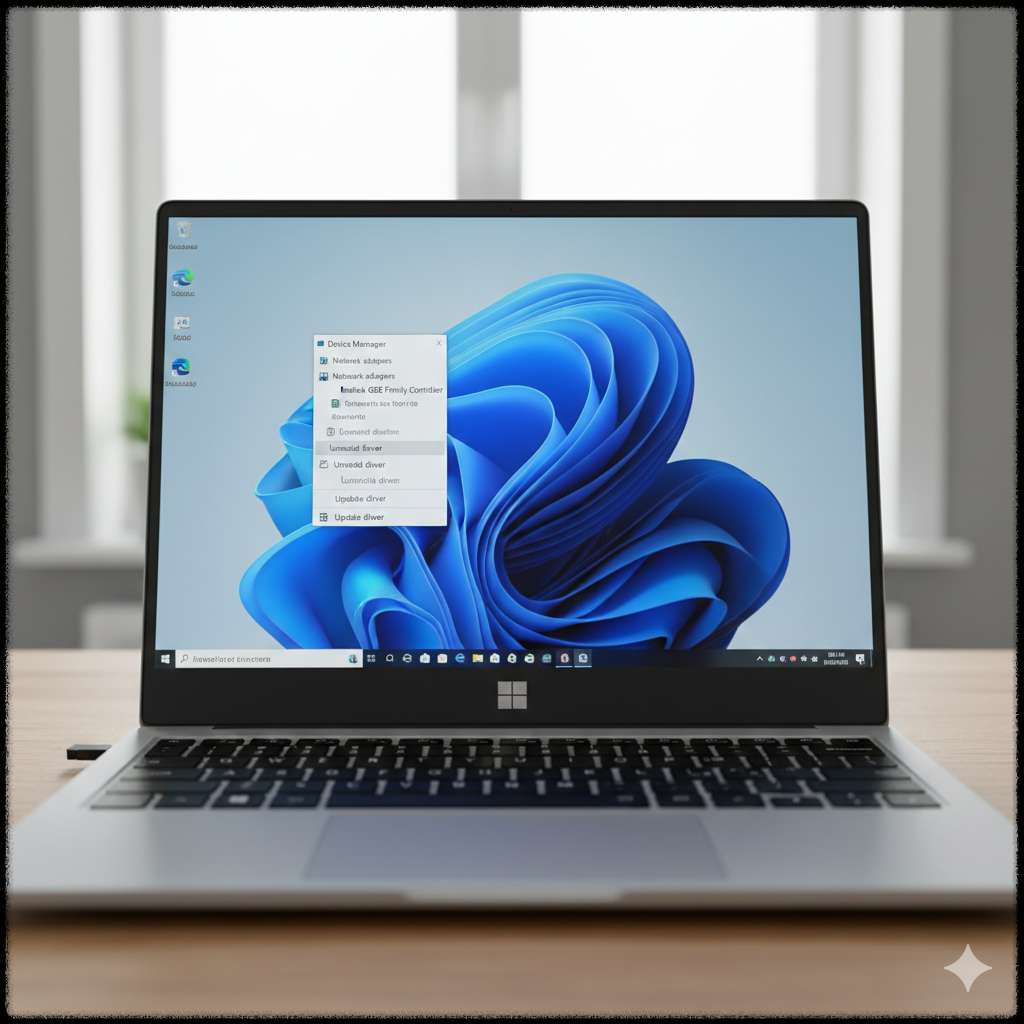 Windows 11 장치 관리자에서 네트워크 어댑터 드라이버를 최신으로 업데이트하는 모습