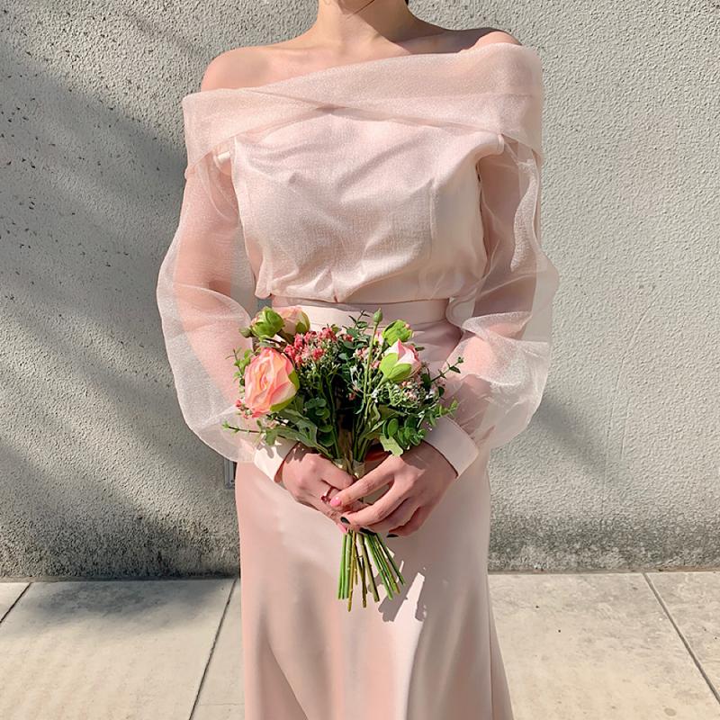 핑크 메리 투피스 셀프웨딩 오간자 블라우스 새틴 머메이드 돌잔치 피로연 2부드레스