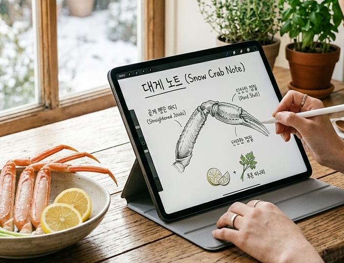 눈 내리는 겨울 창가 옆 나무 식탁에서 아이패드 프로 화면에 '대게 노트'라는 한글 제목과 함께 곧게 뻗은 대게 다리 마디, 단단한 껍질 일러스트와 레시피 메모를 드로잉하는 모습. 테이블 왼쪽에는 도자기 대접에 담긴 싱싱한 생물 대게와 푸른 미나리, 레몬 슬라이스가 놓여 있는 서정적이고 포근한 주방 이미지.