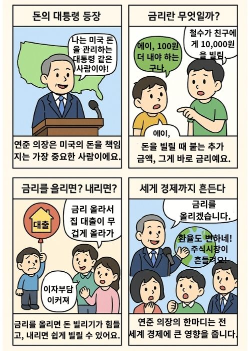 연준 의장이 돈의 대통령처럼 소개됨, 철수와 친구 대화로 금리 개념 설명, 금리 인상·인하가 대출에 미치는 영향, 마지막은 연준 의장의 발언이 세계 경제에 파급효과를 주는 모습의 4컷 만화.
