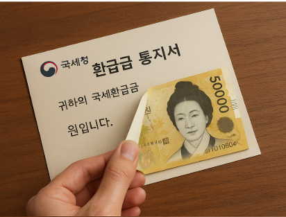 국세 환급금을 오만원권으로 열어보는 모습