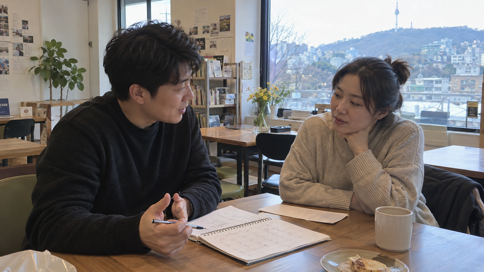 회비와 모임 방식을 상의하는 두 사람