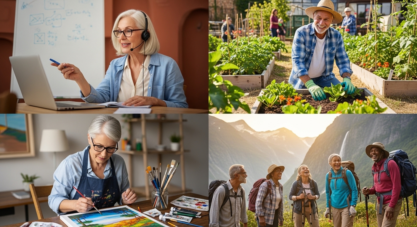 은퇴 후에도 활발하게 사회 활동과 취미 생활을 즐기는 다양한 액티브 시니어들의 모습