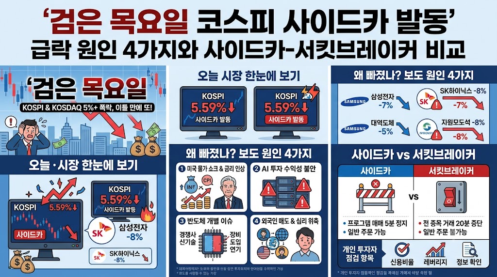 2026 코스피 사이드카 발동, 검은 목요일 주가 폭락 이유는? 삼성전자&middot;SK하이닉스 급락 원인과 사이드카 뜻&middot;서킷브레이커 차이 총정리 관련사진