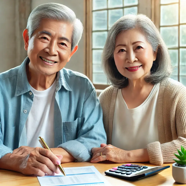 기초연금 수령 관련 서류를 함께 검토하며 미소 짓는 동양인 노부부