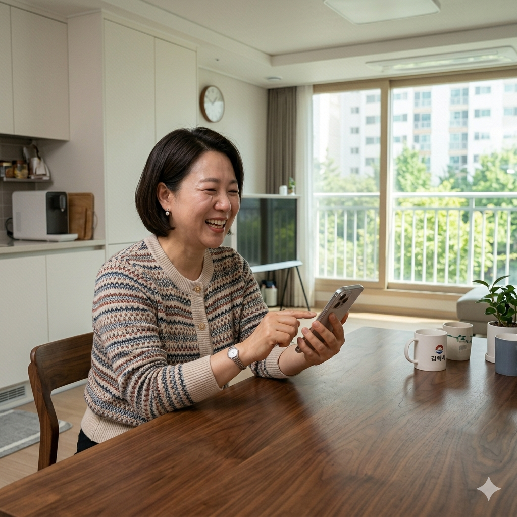 깔끔한 한국식 주방 식탁에 앉아 스마트폰을 보던 한국인 주부가 지원금 입금 알림 문자를 확인하고 환하게 웃으며 기뻐하는 모습