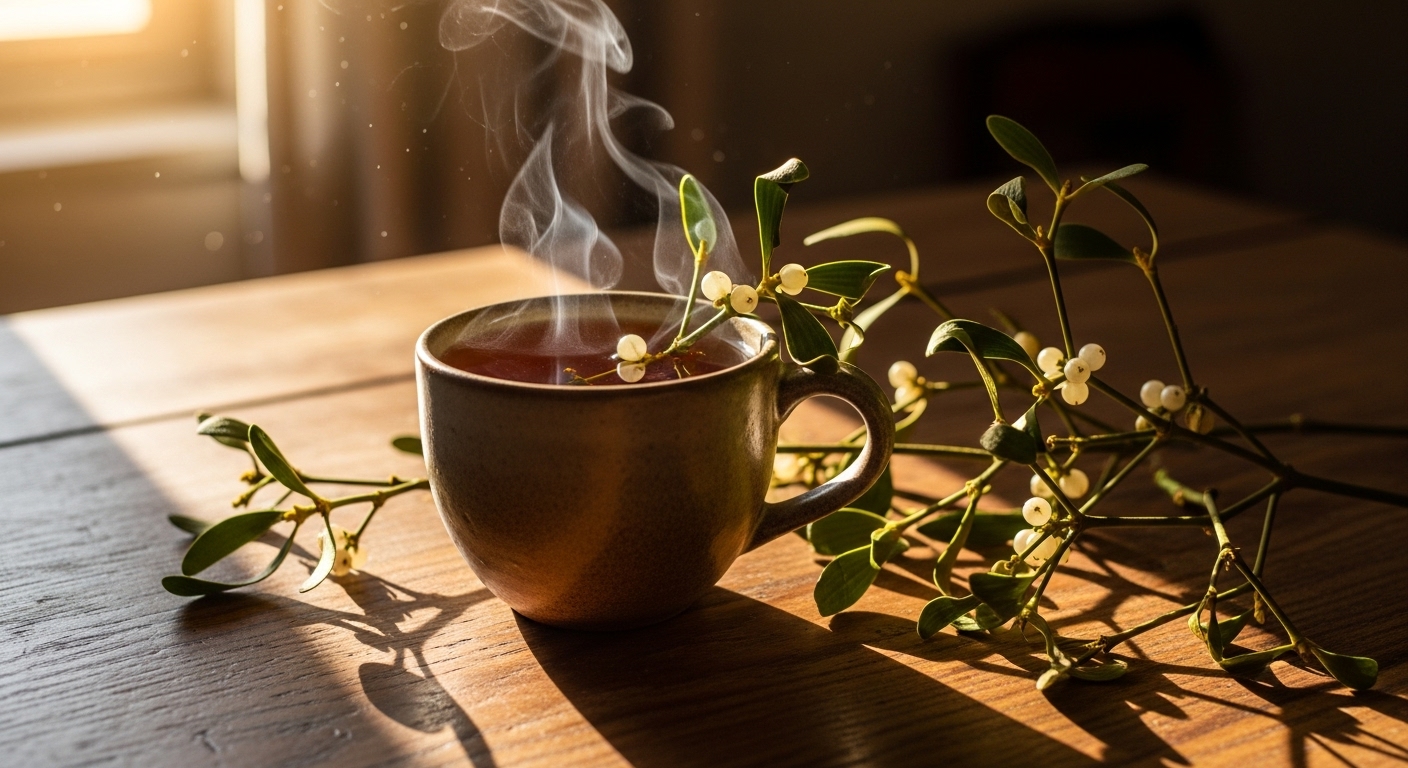 따뜻한 겨우살이 차 한 잔과 말린 겨우살이 가지가 놓인 편안한 테이블.