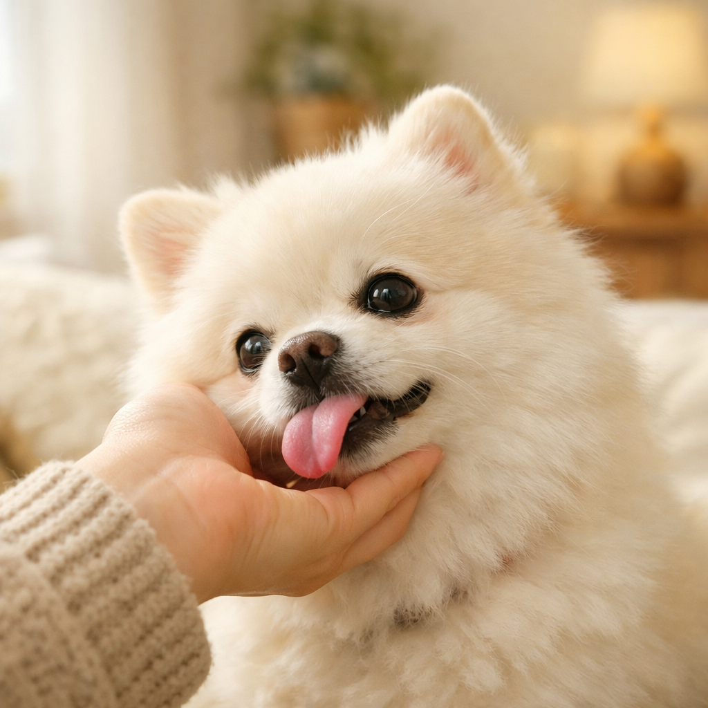 강아지가 사람 손을 핥으려는 모습