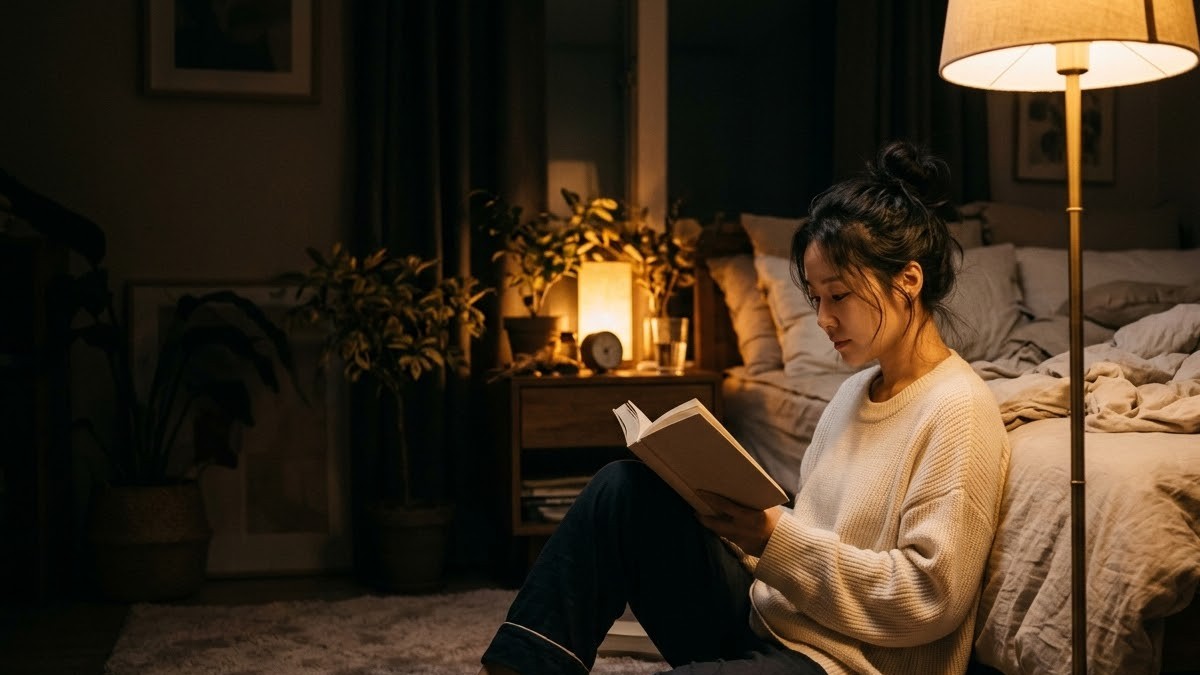 아늑한 침실에서 책을 읽으며 잠들 준비를 하는 여성