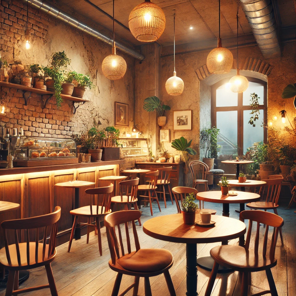 빈티지한 느낌의 조명이 어우러진 작은 카페 내부, 나무 의자와 테이블이 따뜻한 분위기를 자아내는 인테리어