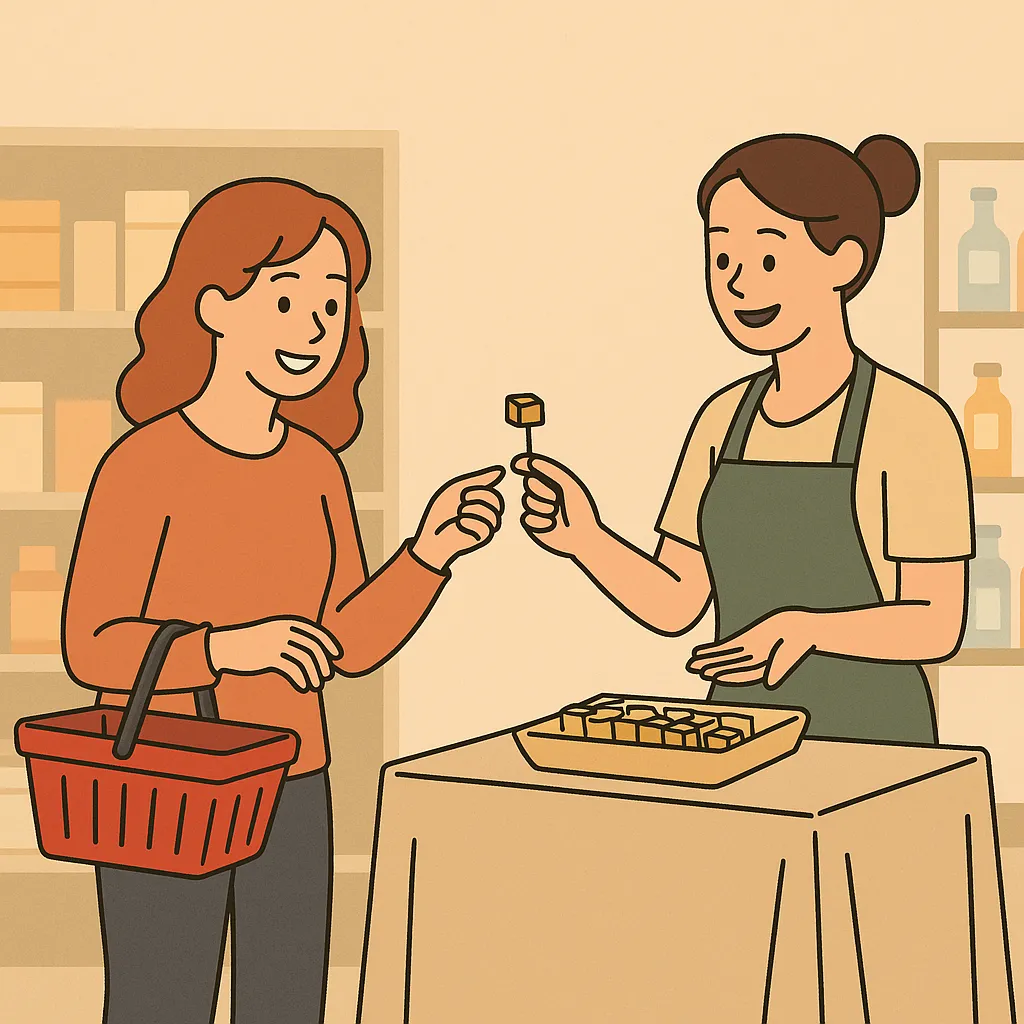 무료-샘플이-소비를-부추기는-원리를-표현한-일러스트로,-직원이-시식용-샘플을-건네며-미소짓고,-고객이-즐겁게-받는-모습이-그려져,-호의와-심리적-보상-효과를-상징함.