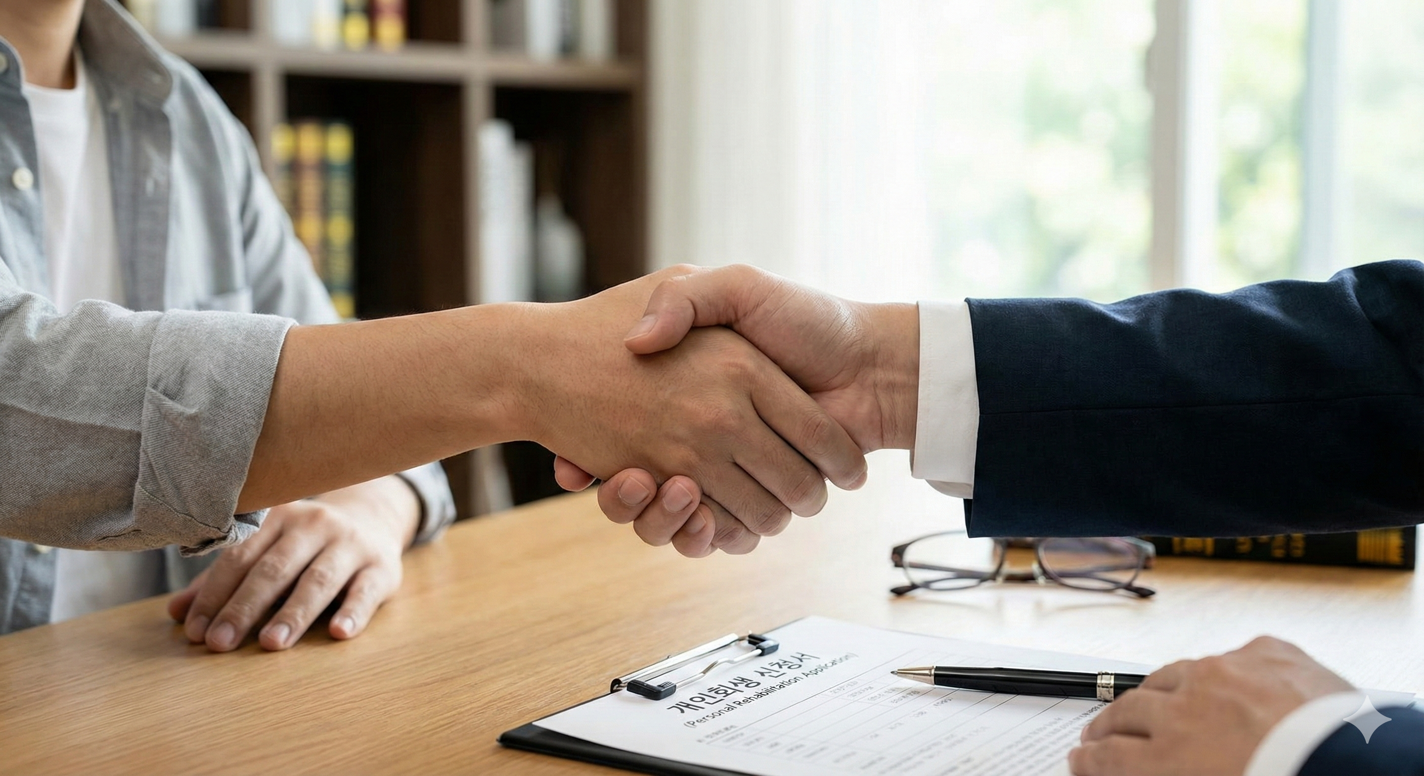 채무조정 후 빚 걱정 없이 가족과 함께 웃으며 아침 식사를 하는 평온한 일상