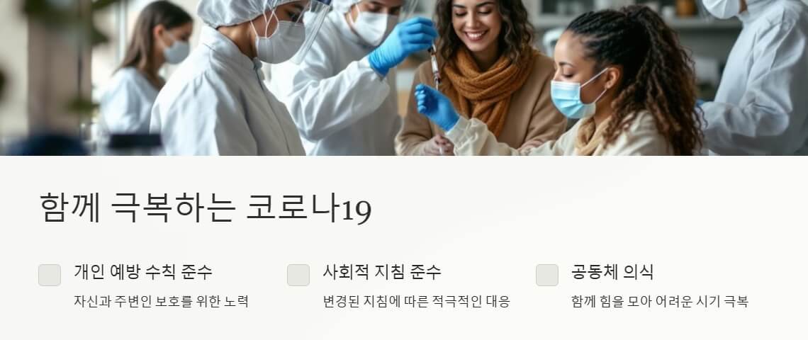방호복을 입은 의료진과 마스크를 착용한 일반 시민들이 협력하는 모습. 개인 예방 수칙 준수, 사회적 지침 준수, 공동체 의식 강조를 표현합니다.