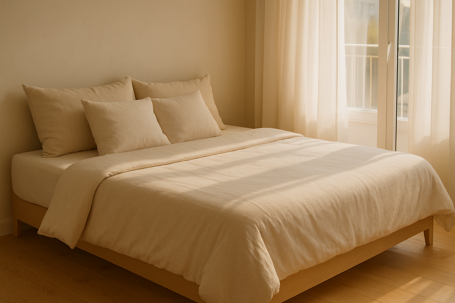 리넨 소재의 이불과 베개가 놓인 자연스러운 침실 인테리어