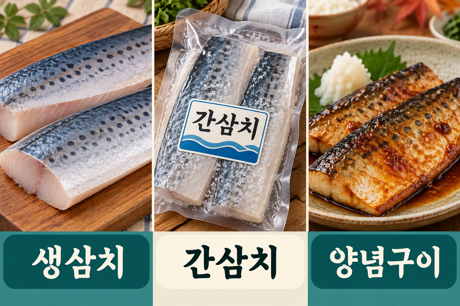 생삼치 살·염장한 간삼치·양념구이를 나란히 구분한 장면.