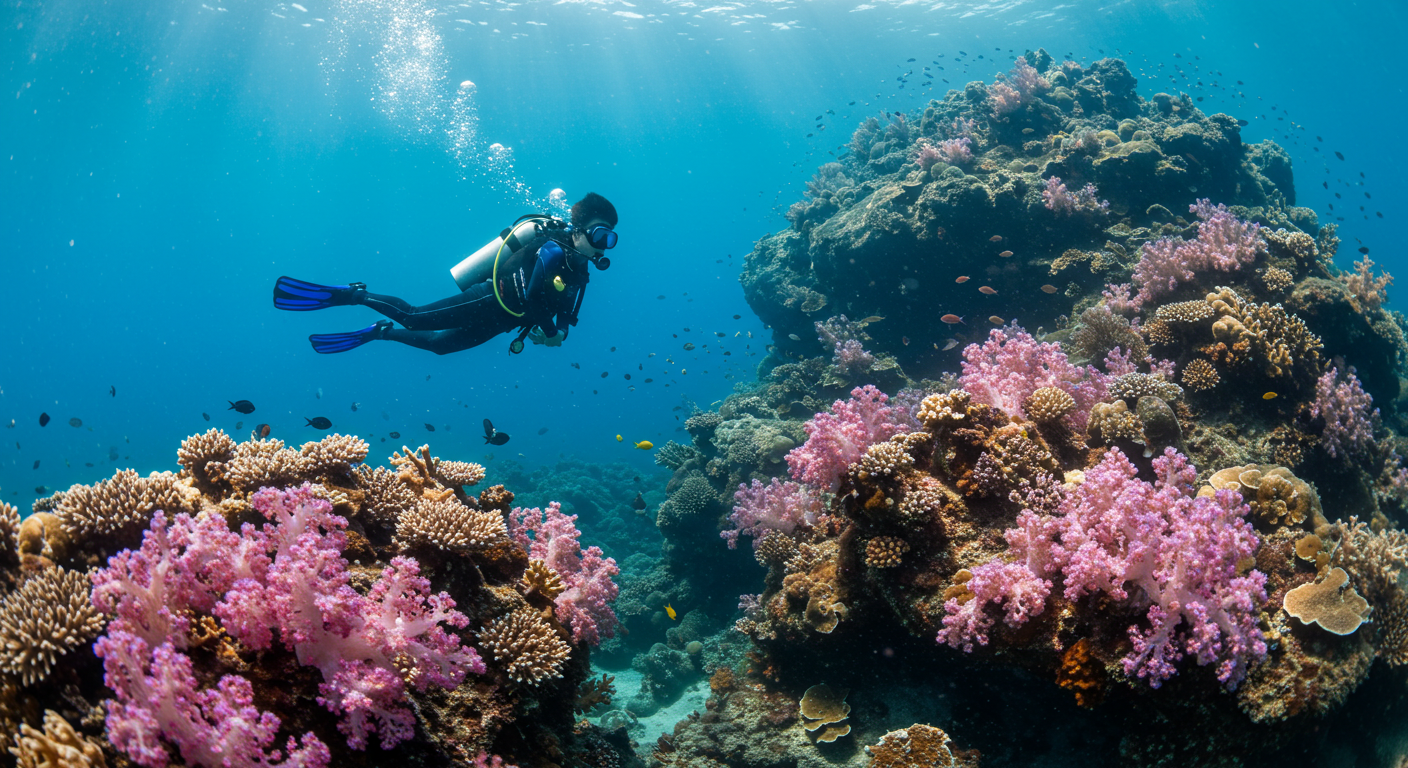 제주 문섬의 푸른 바닷속에서 산호초와 열대어 사이를 유영하는 한국인 스쿠버 다이버
