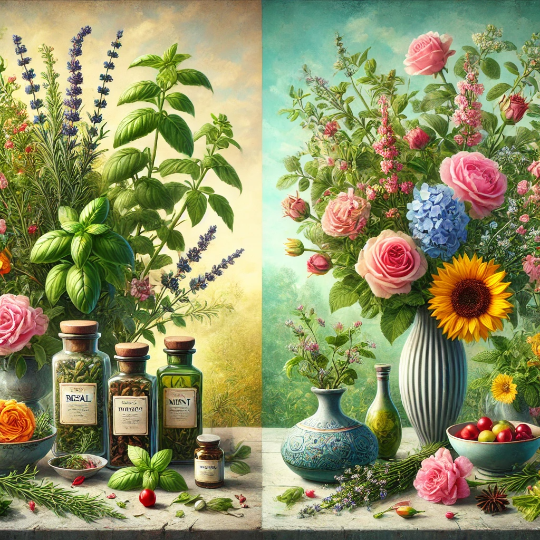 허브와 꽃의 대조를 보여주는 이미지