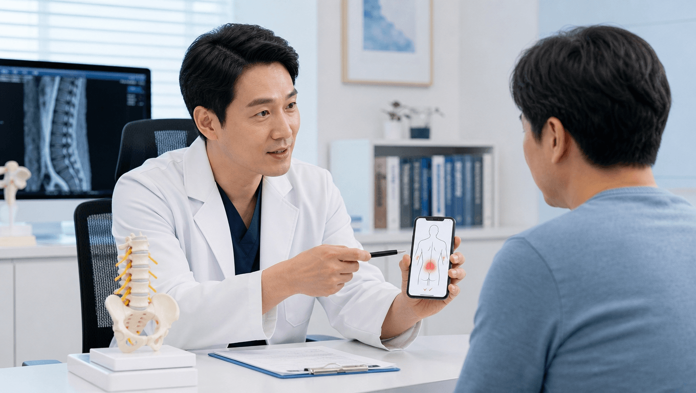 의사가 허리 통증 증상을 상담하는 진료 장면