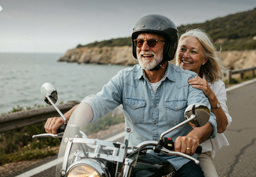 바이크 여행중인 행복한 노부부의 웃음 이미지