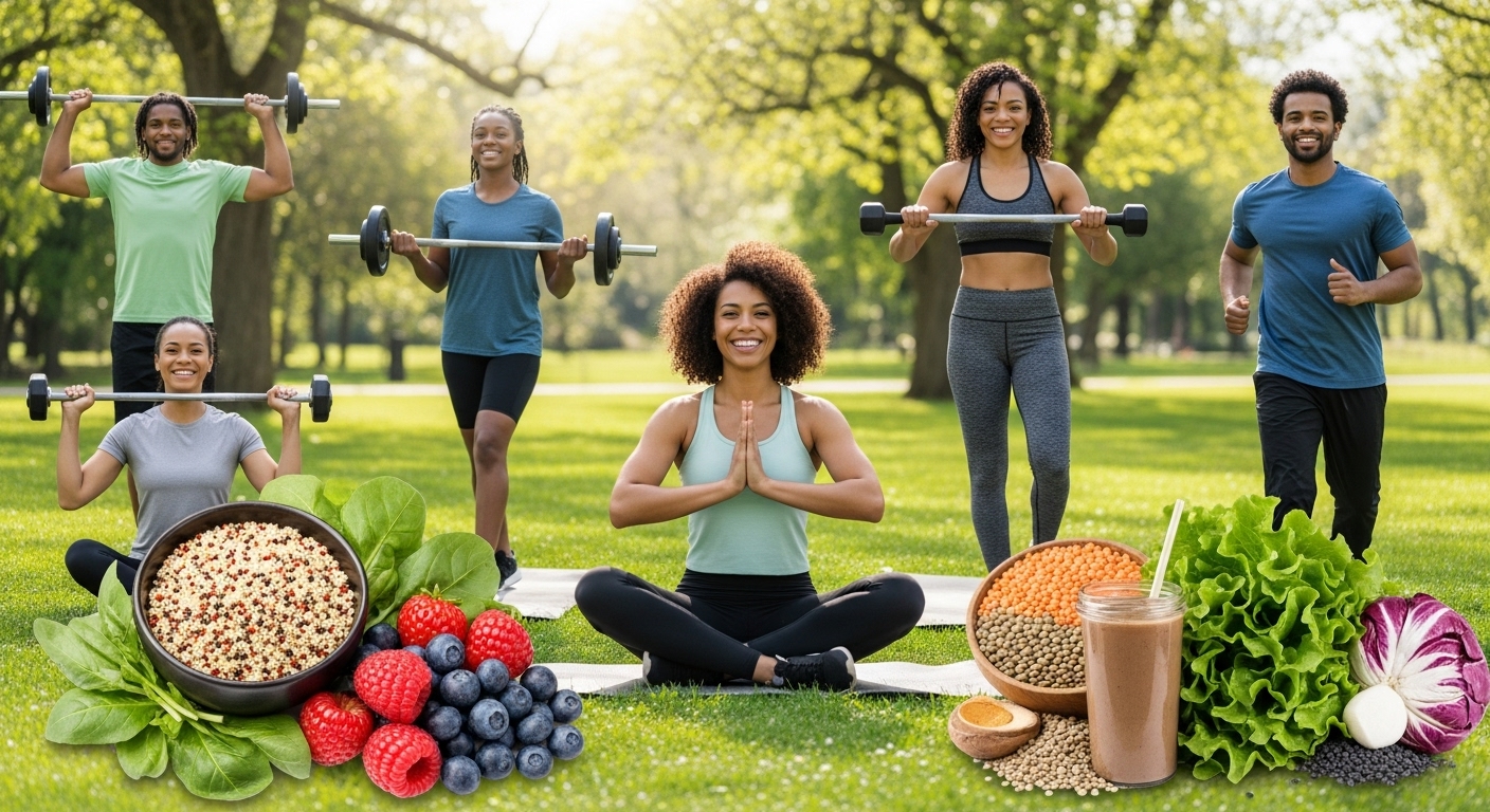 다양한 사람들이 푸른 공원에서 활기차게 운동하고 있으며, 주변에는 신선한 식물성 단백질 식품들이 놓여 건강하고 탄탄한 비건 라이프스타일을 보여줍니다.