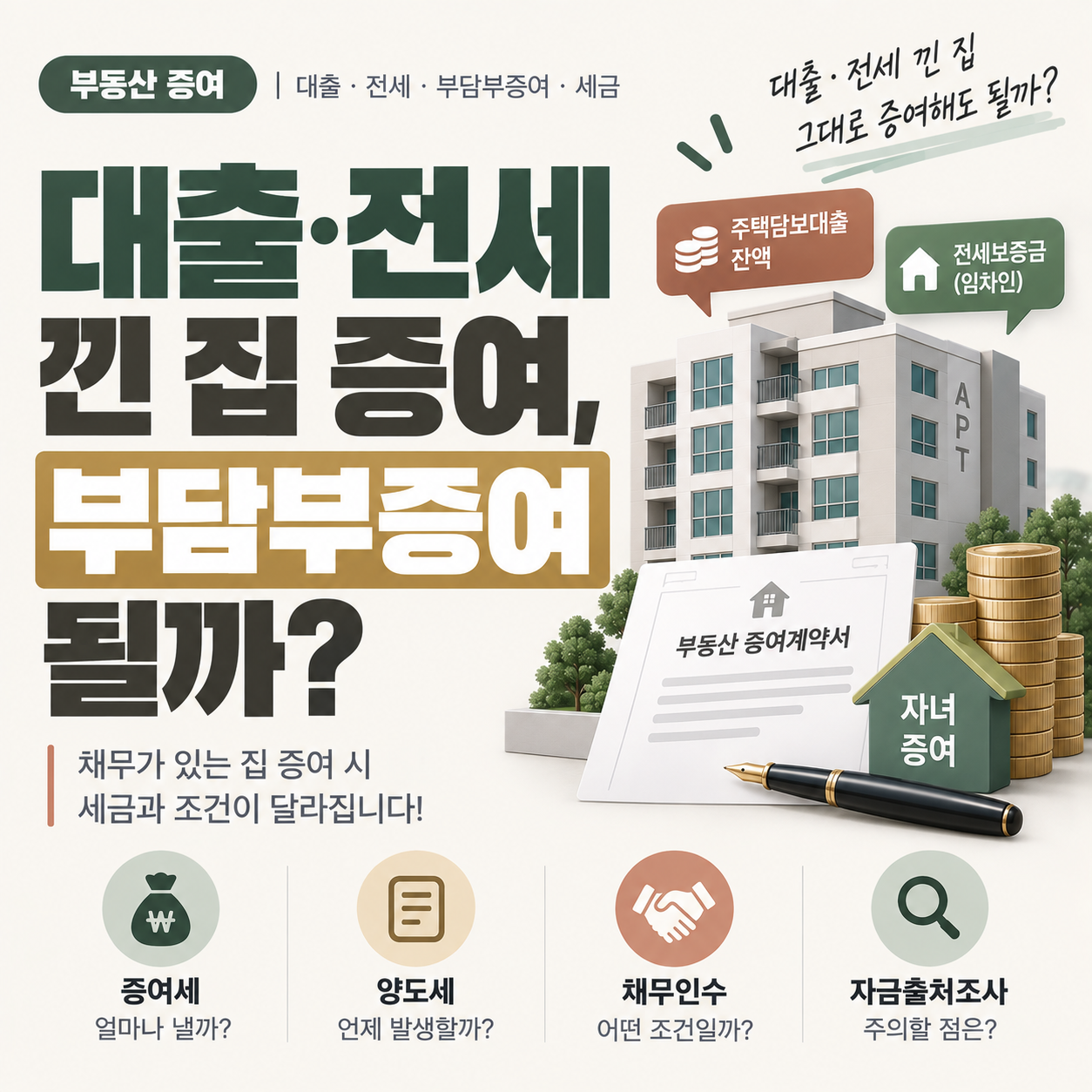 대출과 전세보증금이 있는 아파트를 자녀에게 증여하는 상황을 나타낸 이미지