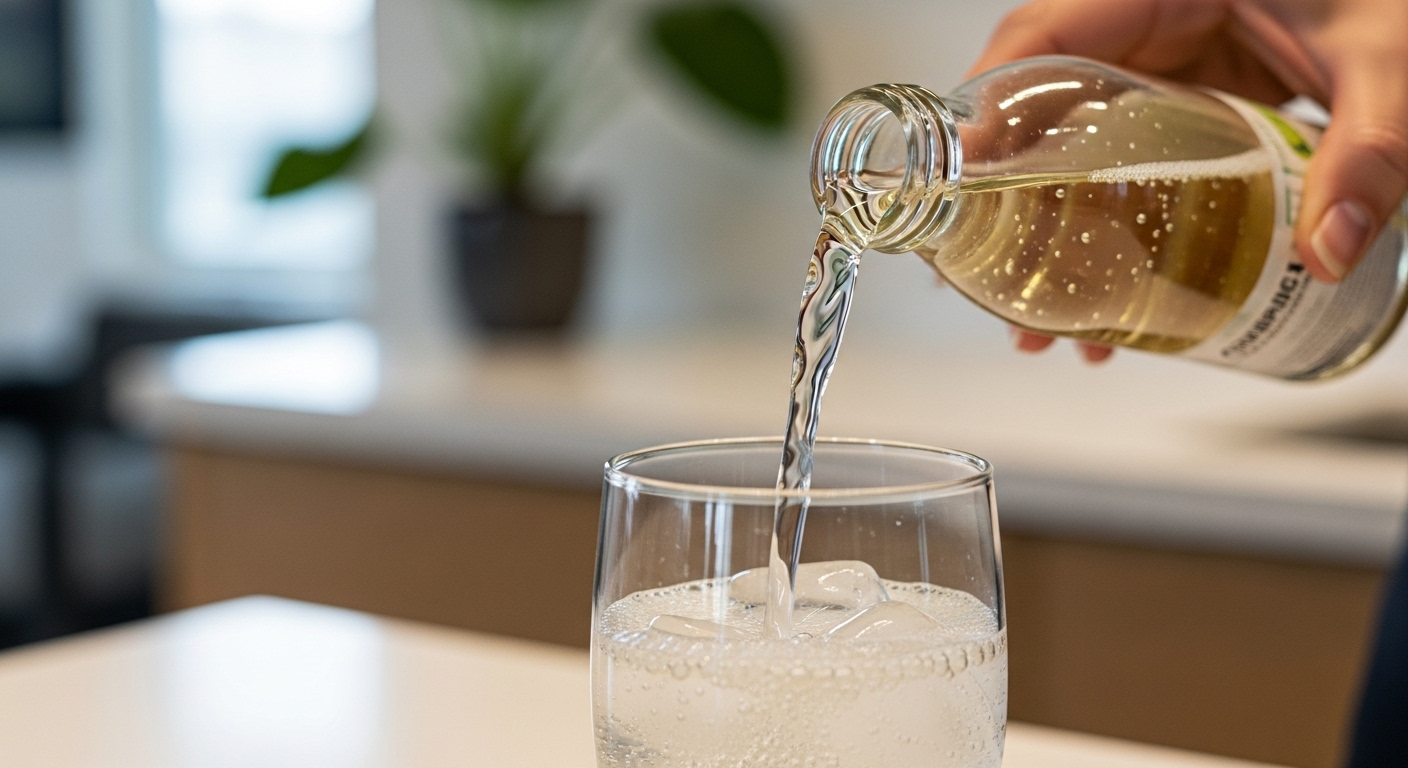 한 사람이 애사비소다를 잔에 조심스럽게 따르고 있으며, 탄산 기포가 신선함을 더해 과다 섭취에 대한 주의를 시사합니다.