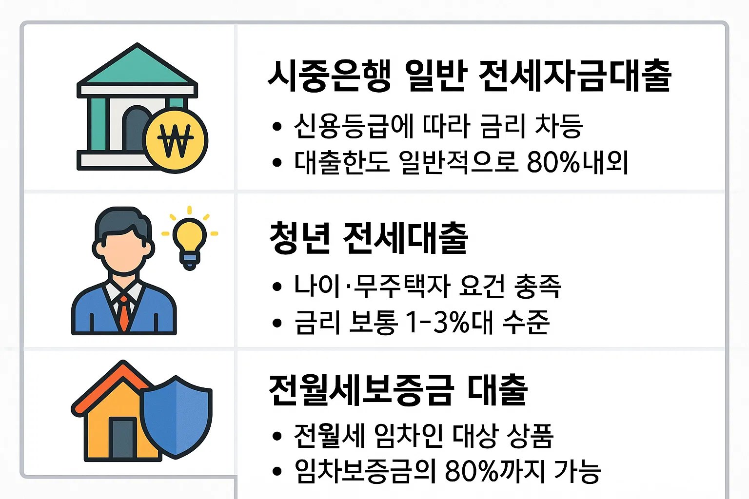 시중은행 일반 전세자금대출, 청년 전세대출, 전월세보증금 대출 등 버팀목 대체 상품을 금리&middot;조건&middot;대상별로 비교 정리한 인포그래픽.