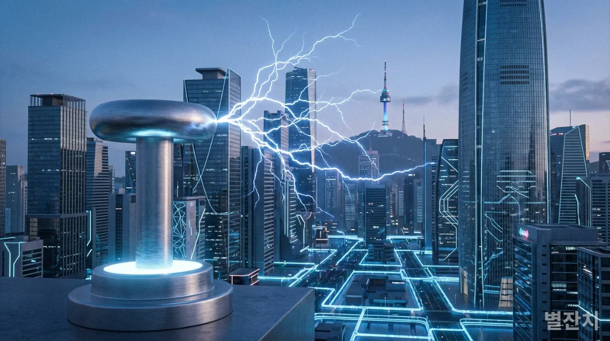 니콜라 테슬라의 교류 전기가 현대 도시를 밝히는 모습