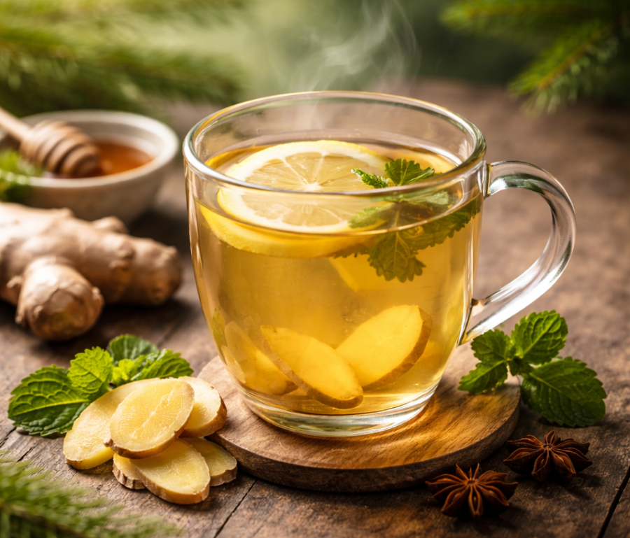 alt="유리컵에 담긴 따뜻한 생강차, 겨울에 마시기 좋은 건강 음료 이미지"