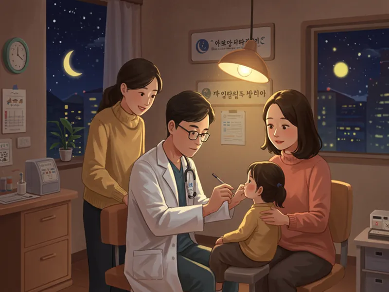소아청소년과 의사가 밤 시간대에 어린 아이 환자를 친절하게 진찰하고 있고, 부모가 안심하는 표정으로 옆에 있는 모습. 달빛어린이병원의 안심되는 분위기를 보여줌.