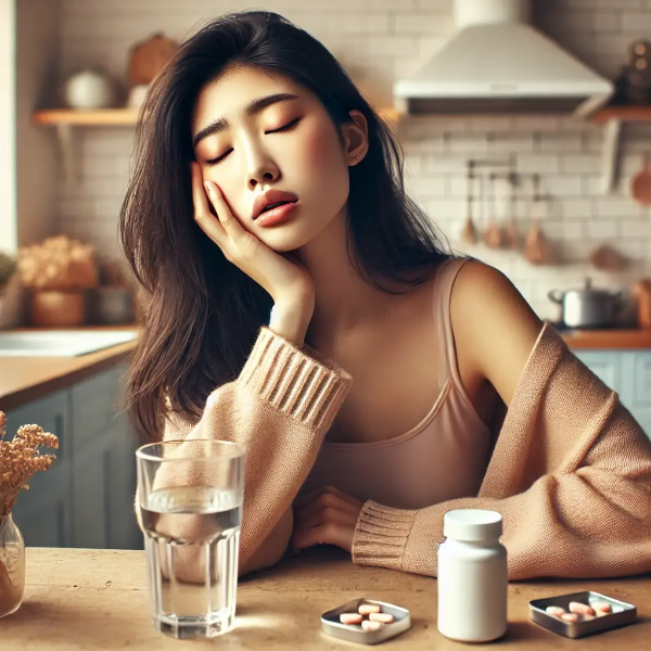 입술을 만지며 피곤한 표정의 동양인 여성