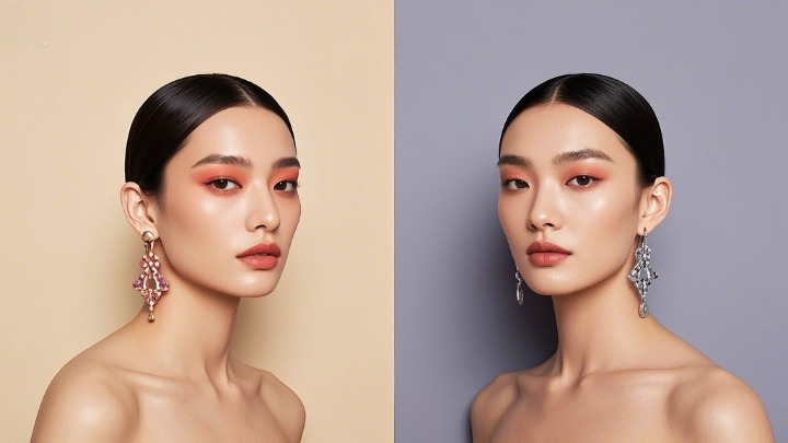 동일한 모델에게 웜톤과 쿨톤 메이크업을 적용했을 때 얼굴 인상이 어떻게 달라지는지 보여주는 이미지입니다.