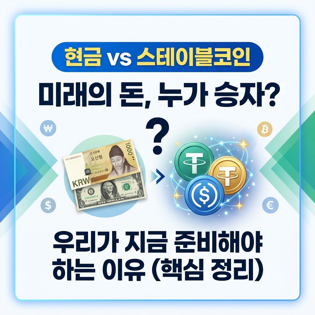 현금과 스테이블코인을 비교하는 이미지. '현금 vs 스테이블코인, 미래의 돈, 누가 승자?'라는 문구와 함께 한국 원화 및 미국 달러 지폐와 다양한 스테이블코인 아이콘이 배치되어 있으며, 하단에 '우리가 지금 준비해야 하는 이유(핵심 정리)'라는 문구가 적혀 있음