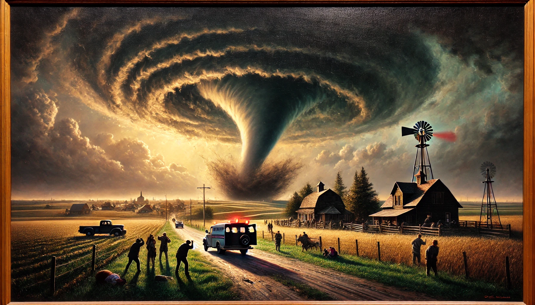 DALL·E 2024-09-01 11.36.13 - A scene depicting a tornado warning in the American Midwest. The image shows a rural area with vast farmlands and a small town. A tornado funnel cloud.webp