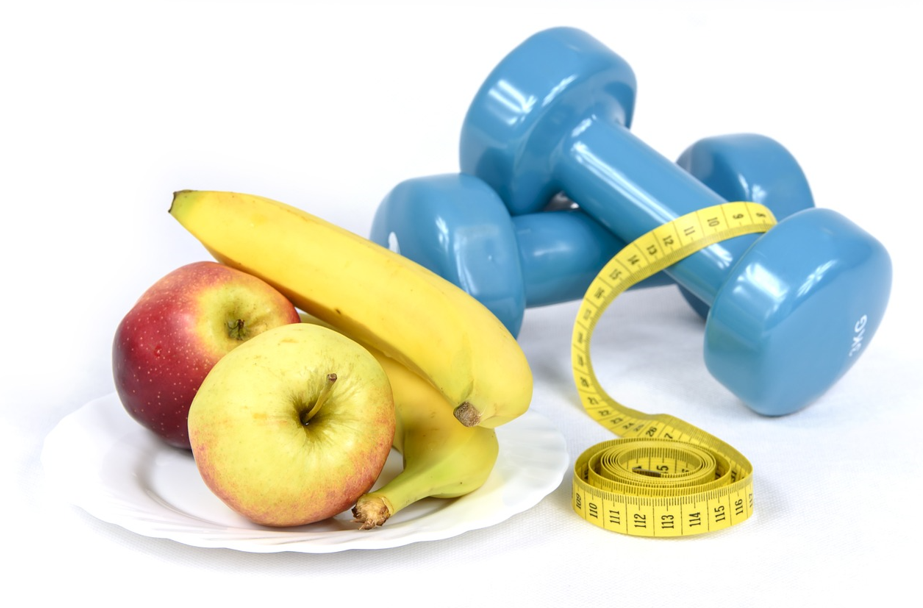 사과, 바나나, 덤벨, 줄자 사진