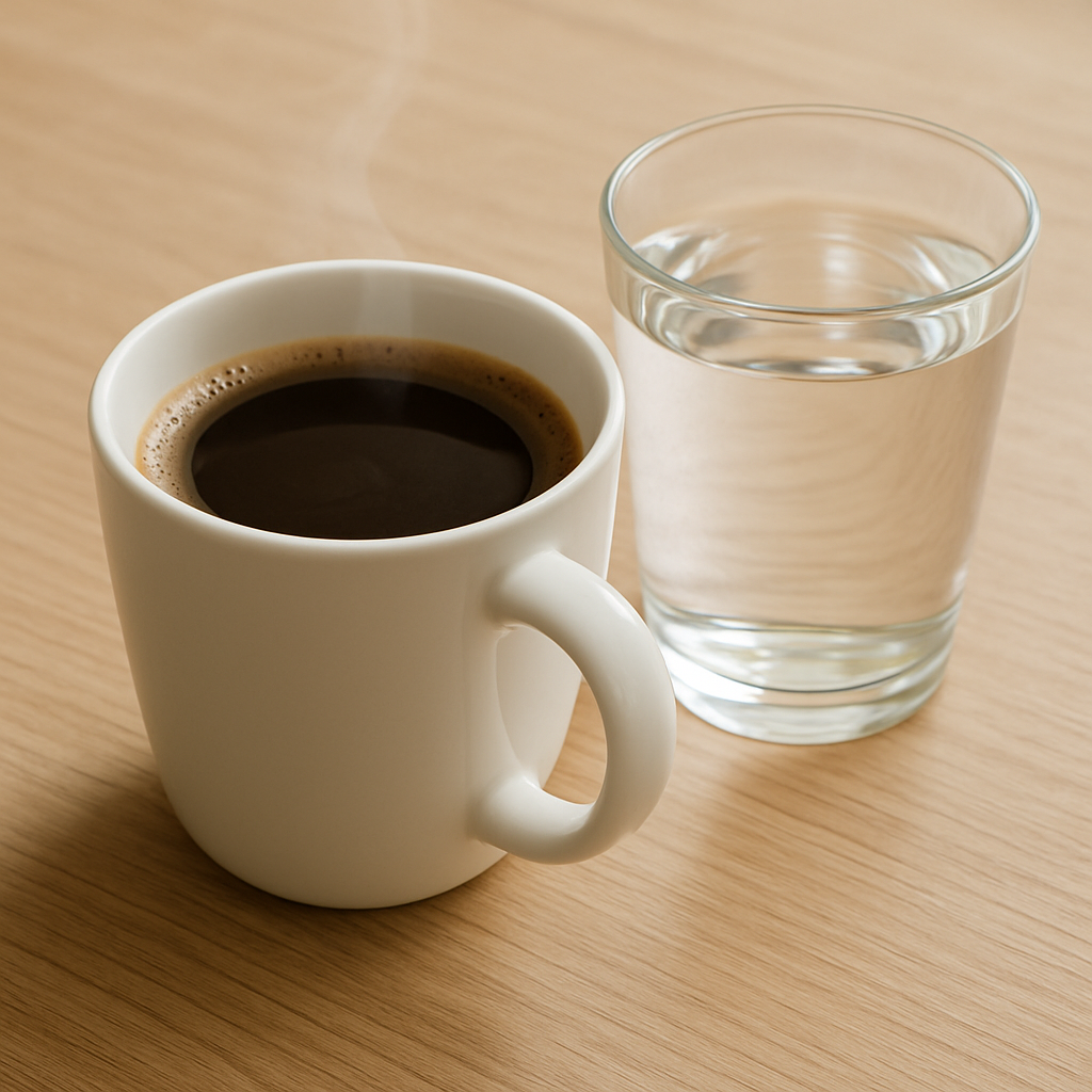 따뜻한 커피와 물잔의 조화