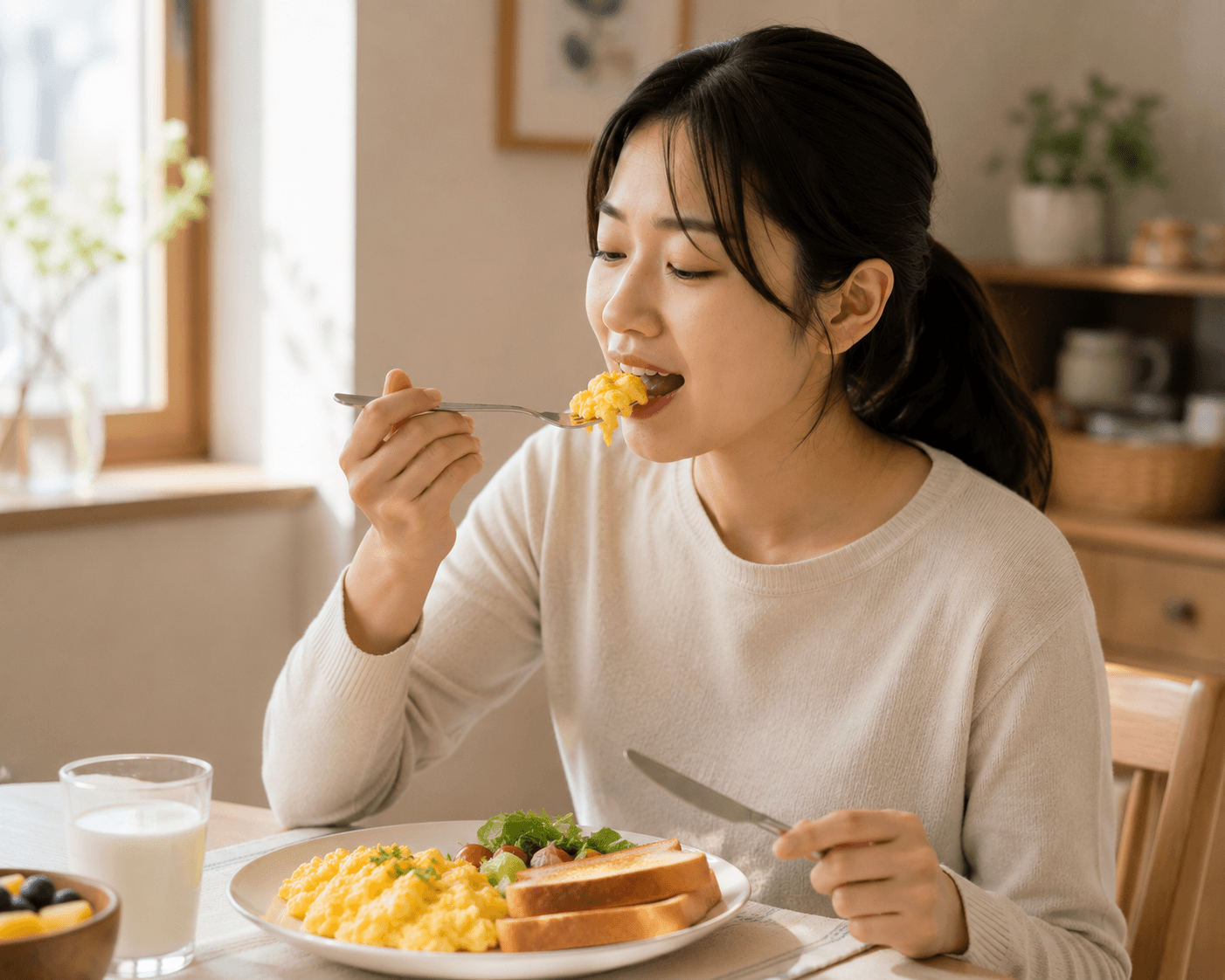 계란 요리를 먹는 모습