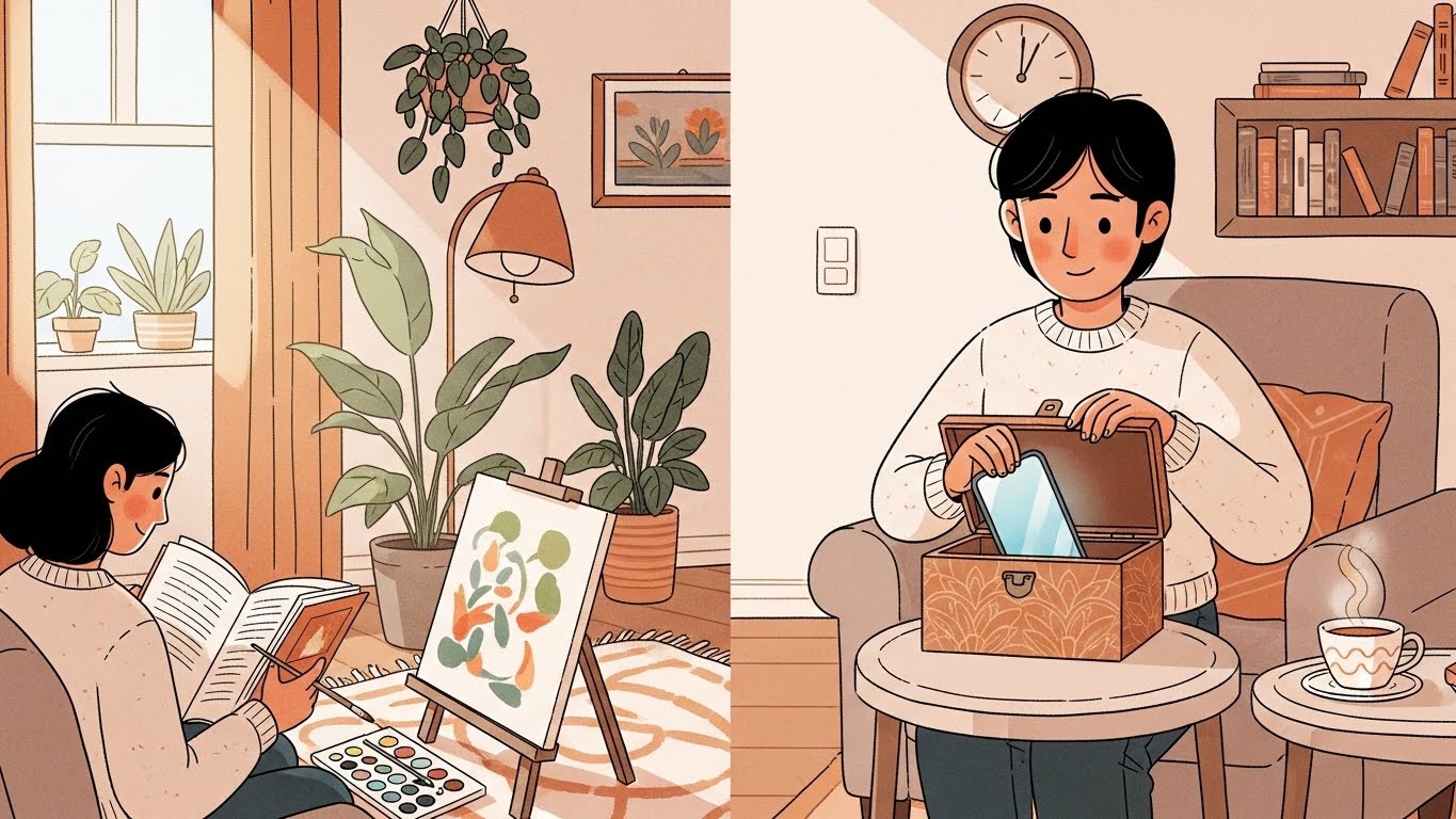 스마트폰을 내려놓고 독서나 취미 활동을 즐기는 사람