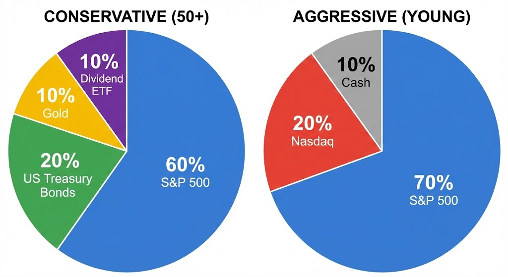 원형 그래프(Pie Chart) 두 개가 나란히 있는 모습. 왼쪽은 '보수형(주식60:채권20:금10:배당10)', 오른쪽은 '공격형(주식70:나스닥20:현금10)'으로 색깔별로 구분되어 있고 각 자산의 역할(성장/방어/보험)이 말풍선으로 표시된 상세 인포그래픽