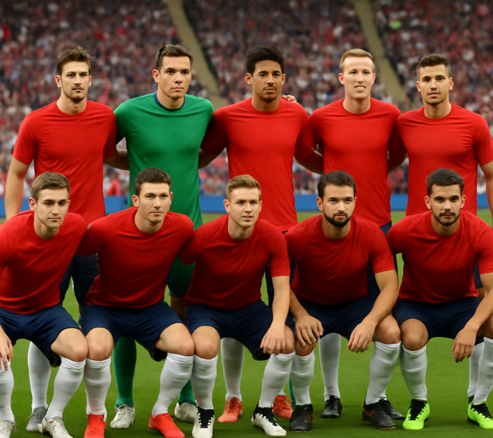 축구 선수 11명이 단체사진 촬영하는 장면 생성