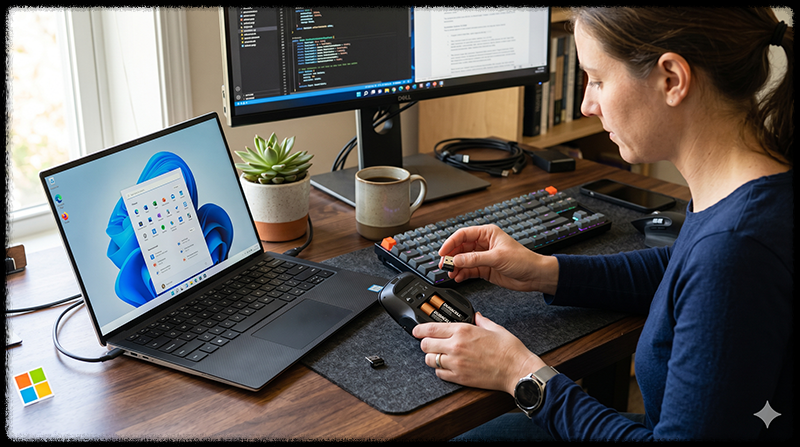 무선 마우스 배터리를 교체하고 USB 리시버를 확인하는 모습