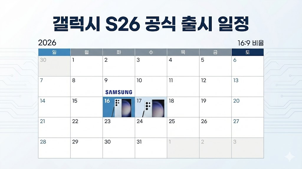 2026년 3월 갤럭시 S26 시리즈의 공식 출시 및 사전 예약 일정을 정리한 캘린더.