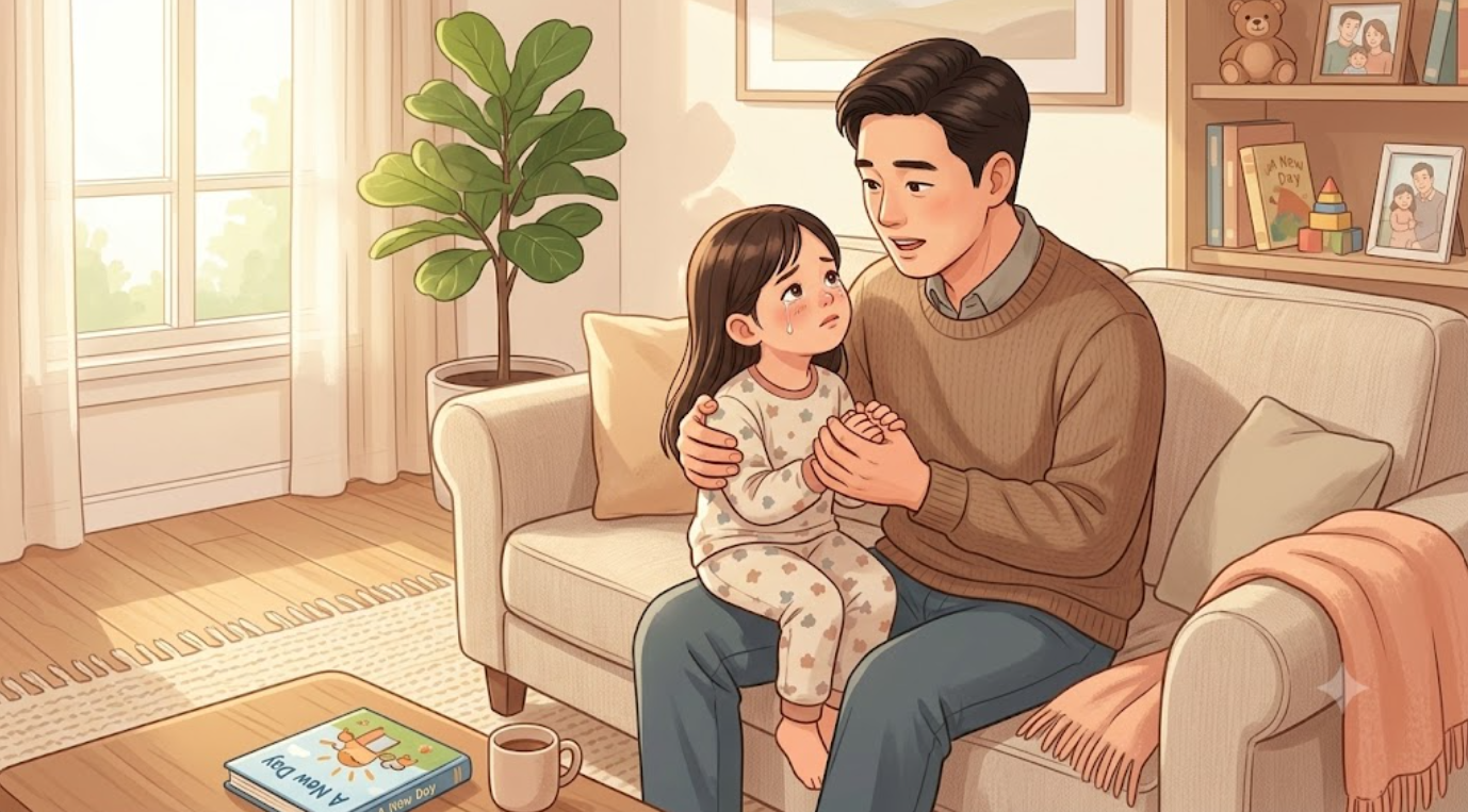 5세 자녀의 분노와 좌절 상황에서 아빠가 목소리 톤을 낮추고 감정 명명하기 기술을 활용하여 아이의 서툰 감정을 따뜻하게 수용하고 정서적 회복탄력성을 키워주는 육아휴직 아빠의 정서 발달 대화법 일러스트 이미지